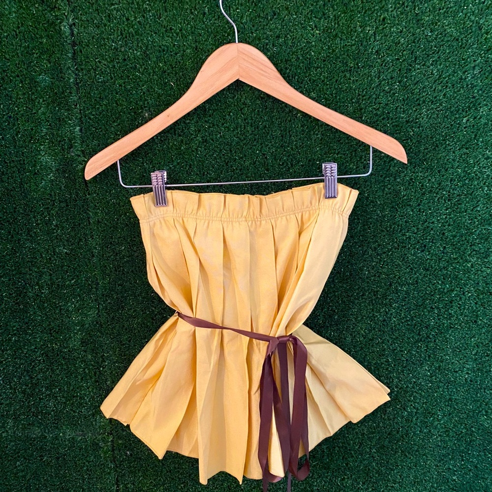 (VS) MODA International Strapless Pleated Yellow Top with Brown Ribbon Tie Waist
